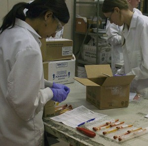 Lab technicians open specimen boxes shipped to TVMDL. A submission form and several filled test tubes are displayed on a counter.