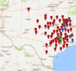 Tan map of Texas highlighting locations of 2016 West Nile Virus with red and blue pin markers mostly around Northeast, East, and Southeast Texas.