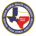 Red white and blue Texas logo with a white gold bordered star in the middle. The words Texas Animal Health Commission. Serving Texas Animal Agriculture is designed around the logo in blue and gold