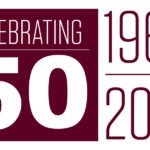 Maroon background with white text stating Celebrating 50 split on the left with a white background with the years 1967 and 2017 in maroon on the right