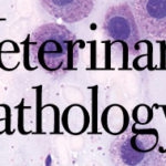 Black text stating Veterinary Pathology with a purple background of a microscopic view of cells.