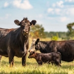 Angus cows and calves standing in green grass with blue sky