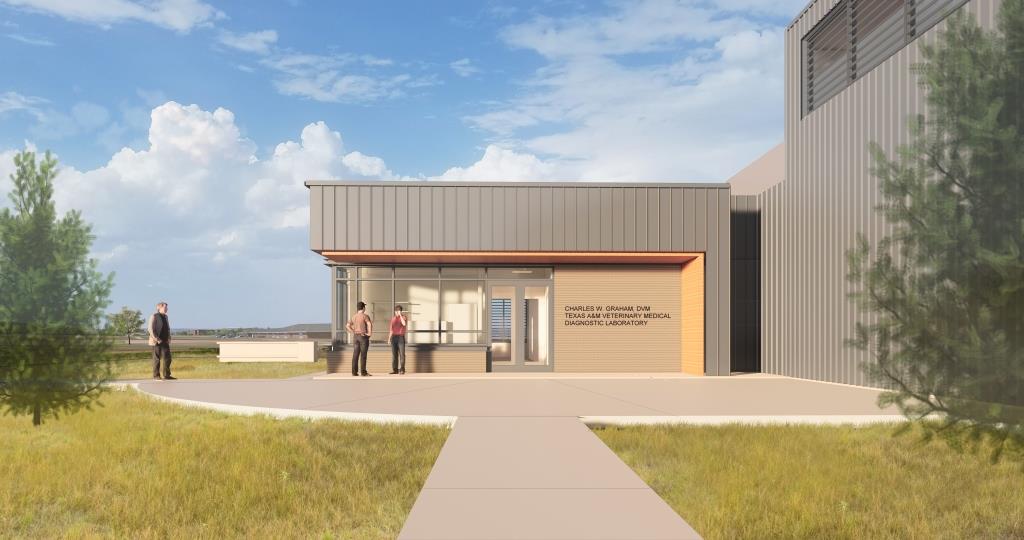 Rendering of new gray building with green grass and a blue sky in background