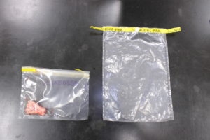 two clear biohazard bags on silver table, one with sample inside