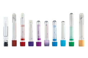Ten test tubes with colored tops