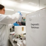 Woman with brown hair and white lab coat opening a box labeled as diagnostic specimen.